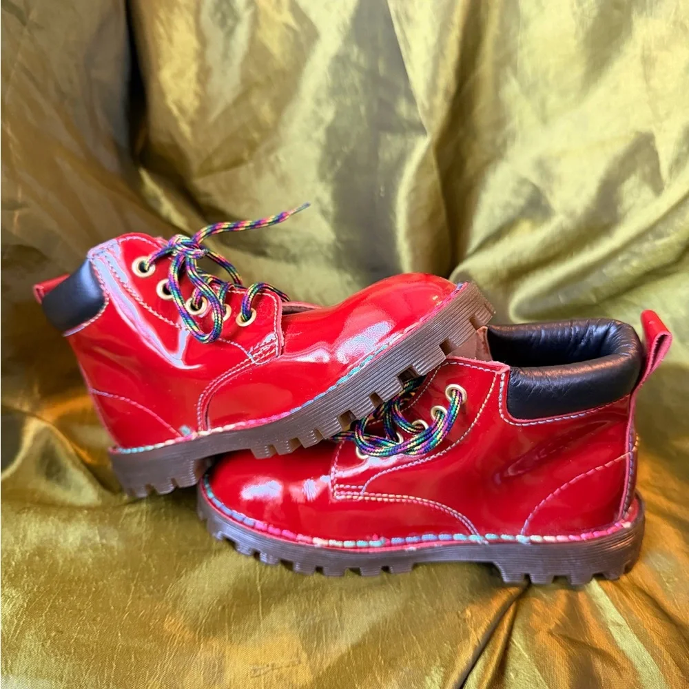 Dr. Martens Vintage Red Leather Boots With Rainbow Stitching